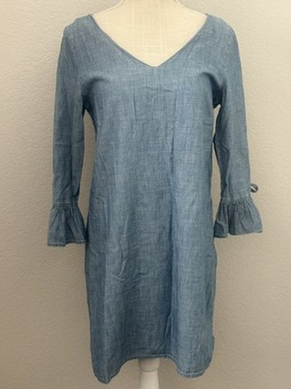 J.Crew Womens Size 8 Chambray Dress Blue Tie Sleeve V Neck 100% Cotton Shift